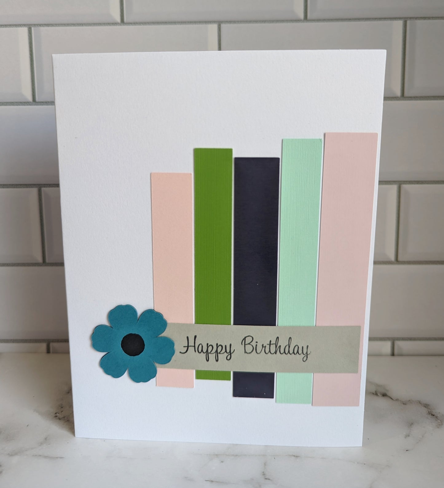 Striped Birthday Card - Multi coloured with flower